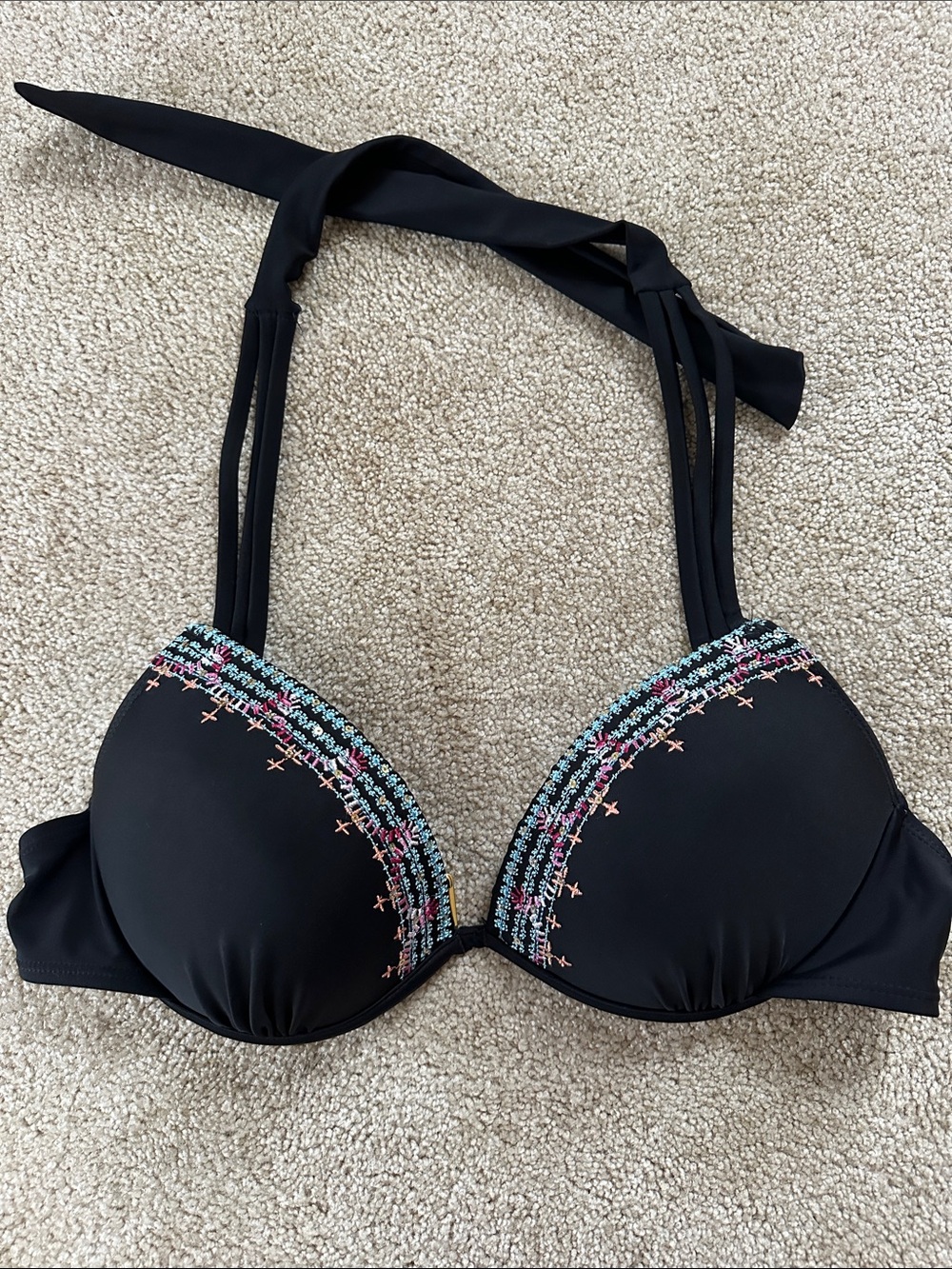 Arizona Jean Company Black Halter Bikini Top with Pink & Blue Trim